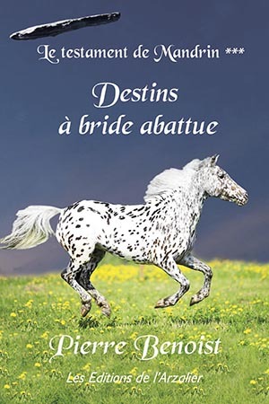 Le Testament de Mandrin – Tome 3 : À bride abattue de Pierre Benoist : un cheval au galop traverse un paysage vallonné du XIXe siècle, symbole de course effrénée et de destin familial, tandis qu’une lumière mystérieuse éclaire l’horizon, évoquant secrets, révolutions et aventures transcontinentales.