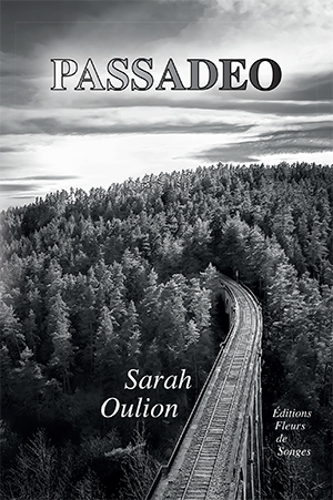 La couverture du livre "Passadeo" de Sarah Oulion, en noir et blanc, représente le pont de Pontempeyrat et sa voie de chemin de fer traversant la forêt en second plan. Le titre du roman est inclu dans le ciel avec un dégradé du noir au blanc.